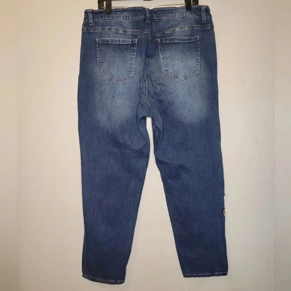 STITCH STAR distressed denim stretchy blue jeans large floral appliques Wmn 18w - Picture 5 of 7